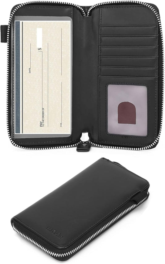 HOTLLi Cufite Genuine Leather Zipper Checkbook Cover with Divider & Card Holder Italian Calfskin, For Men & Women, Deluxe Check Holder RFID Blocking