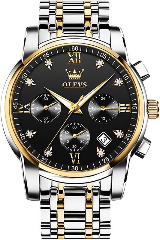 HOTOLEVS Men's Stainless Steel Chronograph Watch, Big Face Gold Silver Black Tone Easy to Read Analog Quartz Watch, Luxury Waterproof Date Diamond Roman Arabic Numerals Dial Dress Watch for Men