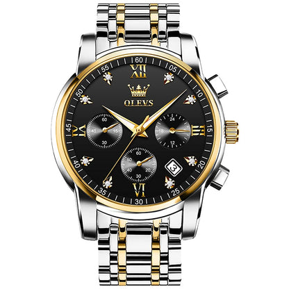 HOTOLEVS Men's Stainless Steel Chronograph Watch, Big Face Gold Silver Black Tone Easy to Read Analog Quartz Watch, Luxury Waterproof Date Diamond Roman Arabic Numerals Dial Dress Watch for Men