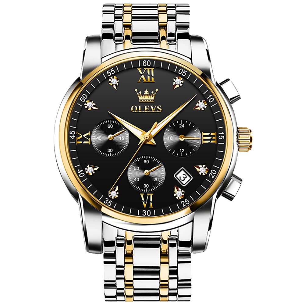 HOTOLEVS Men's Stainless Steel Chronograph Watch, Big Face Gold Silver Black Tone Easy to Read Analog Quartz Watch, Luxury Waterproof Date Diamond Roman Arabic Numerals Dial Dress Watch for Men