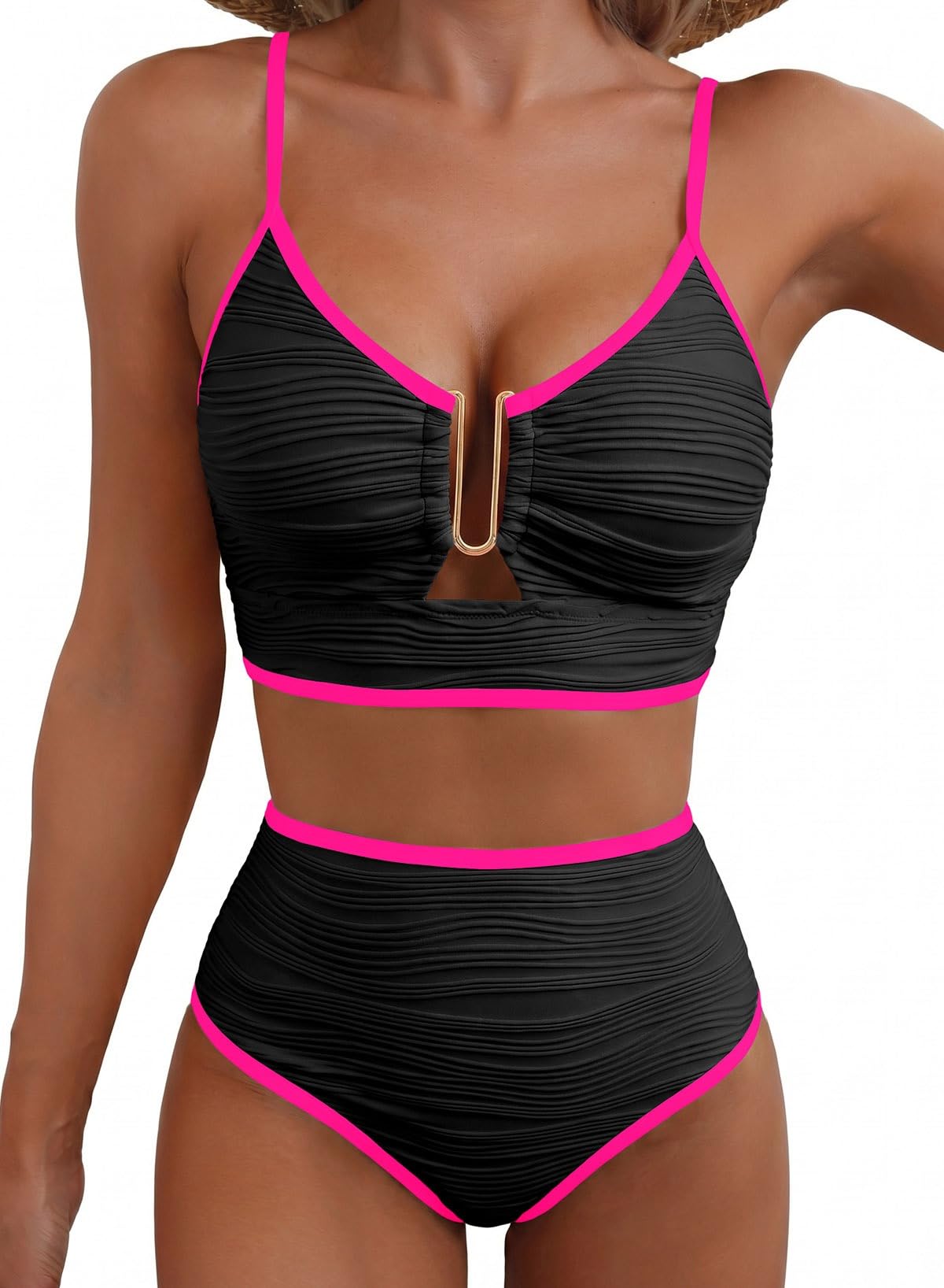 HOTHerseas 2 Piece Bikini Set U-Wire Cutout Popular Swimsuit High Waisted Textured 2026 Summer Beach Swim Bathing Suits