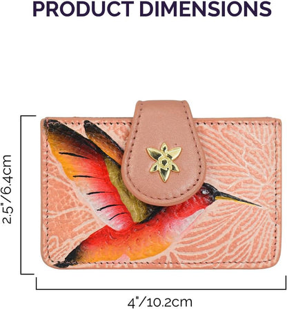 HOTAnuschka 2083 Card Holder, Women's Hand-Painted Genuine Leather Card Holder – Tooled Birds Peach
