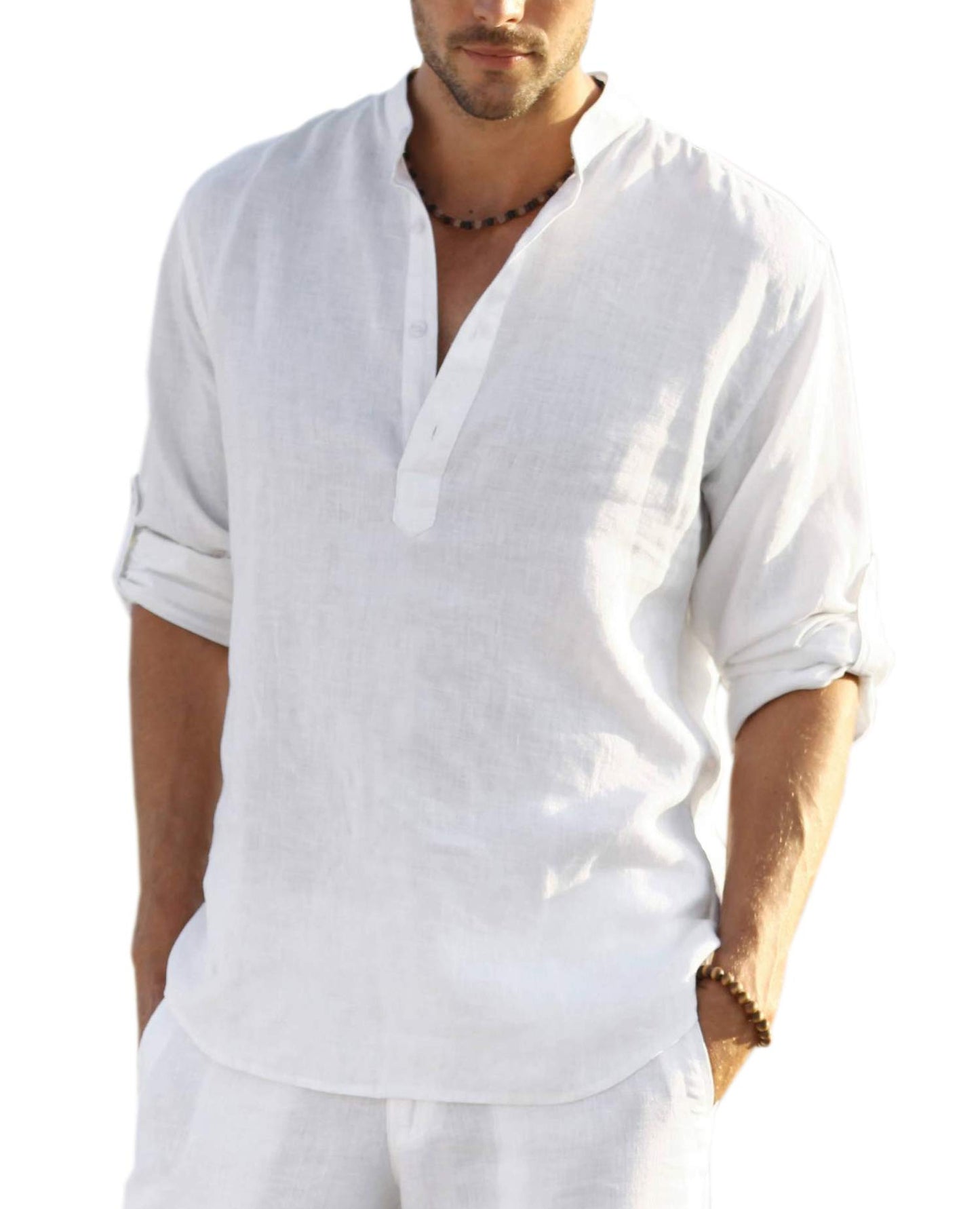 HOTCOOFANDY Men's Cotton Linen Henley T-Shirt Long Sleeve Hippie Casual Beach T-Shirts