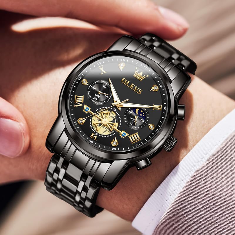 HOTOLEVS Watches Men Stainless Steel Chronograph Watch Luxury Big Face Man Dress Watches Waterproof Roman Numeral Analog Quartz Men Wrist Watch Diamond Relojes para Hombre(Silver/Black/Gold/Red/Blue)