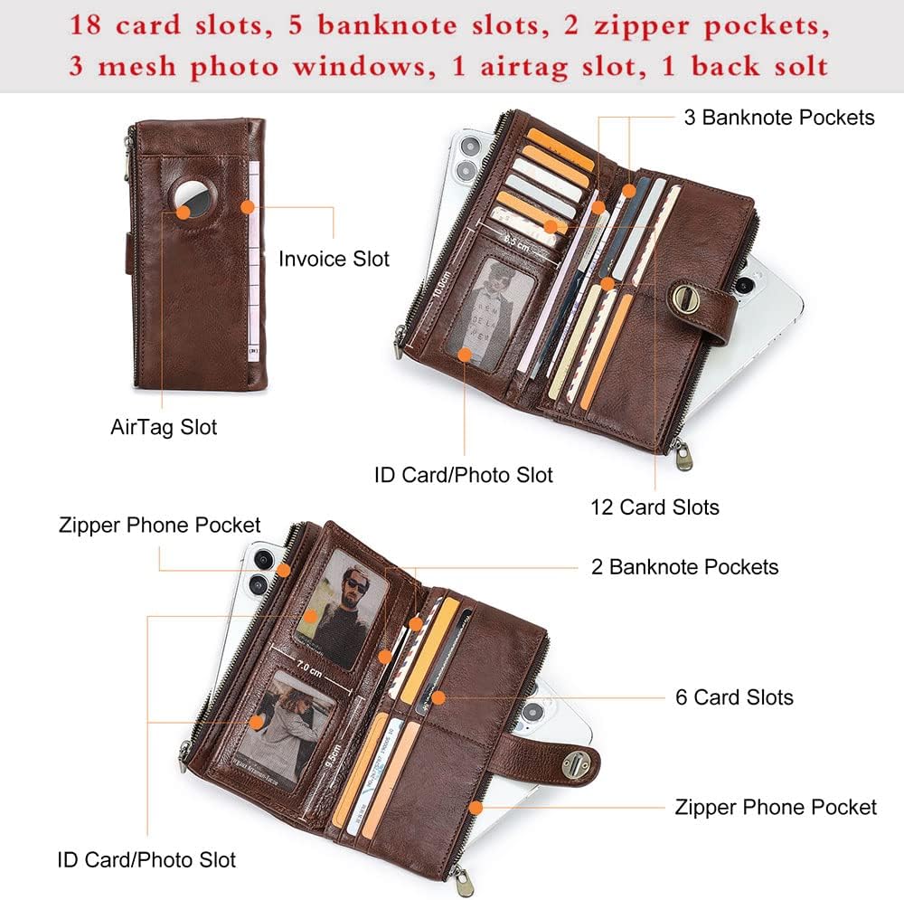HOTCONTACTS Full Grain Leather Turnlock Wallet for Women Double Zipper Clutch Purse Compatible with AirTag Phone Organizer Rfid Wallet with 18 Card Slots (Brown)