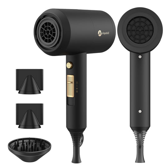 HOTslopehill Professional Ionic Hair Dryer, Powerful 1800W Fast Drying Low Noise Blow Dryer with 2 Concentrator Nozzle 1 Diffuser Attachments for Home Salon Travel (Black)