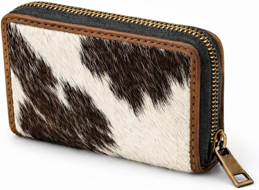 HOTESS RFID Cowhide Leather Wallet Women Small Zip Accordion Card Holder | Hair-On Leather Compact Organizer with Coin Pocket Secure Zipper (11 x 7.5 cm) Stylish Gift Pouch Minimal Everyday Carry