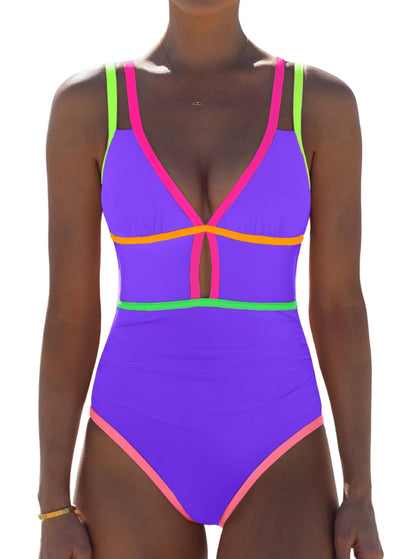 HOTpopvil Women One Piece Swimsuit 2026 Neon Tummy Control Bathing Suit | Tummy Ruched Design, Color Block, Cutout Design, Deep V Neck, Back tie,Adjustable Straps, Neon Trim,Vacation,Beach