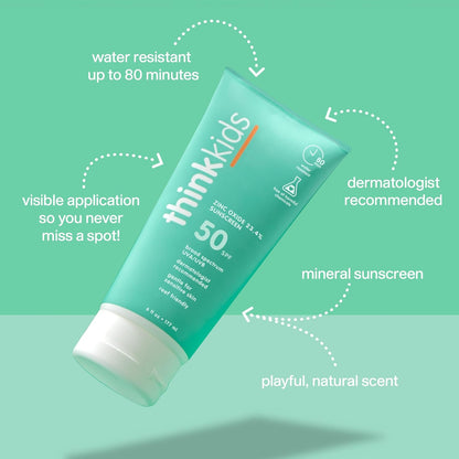 HOTThinkkids SPF 50+ Mineral Sunscreen, 6 Fl Oz – Safe, Natural Baby Mineral Sunscreen for Children - Water Resistant Sun Cream – Broad Spectrum UVA/UVB Sun Protection – Reef Safe