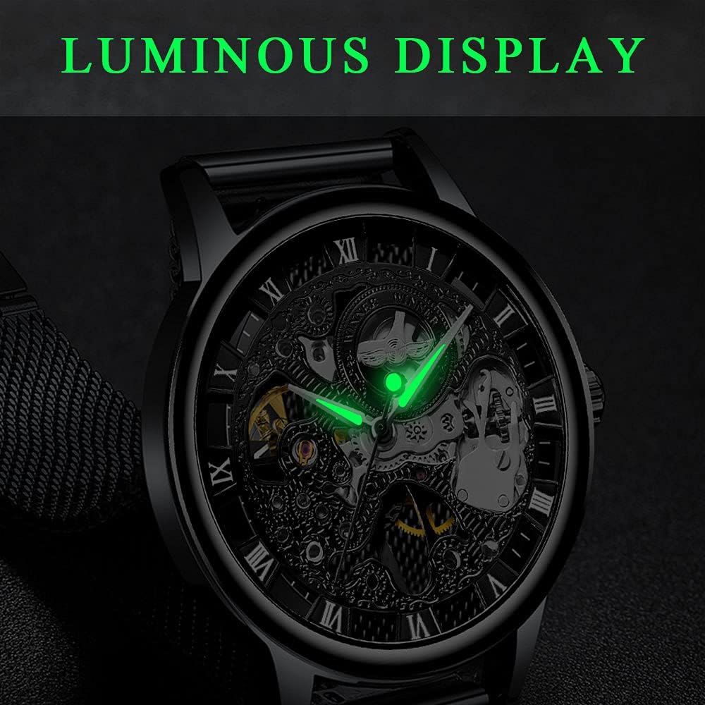 HOTMen's Skeleton Mechanical Roman Numeral Mesh Strap Watch, Hand Winding Mechanical Mesh Luminous Waterproof Watch for Men
