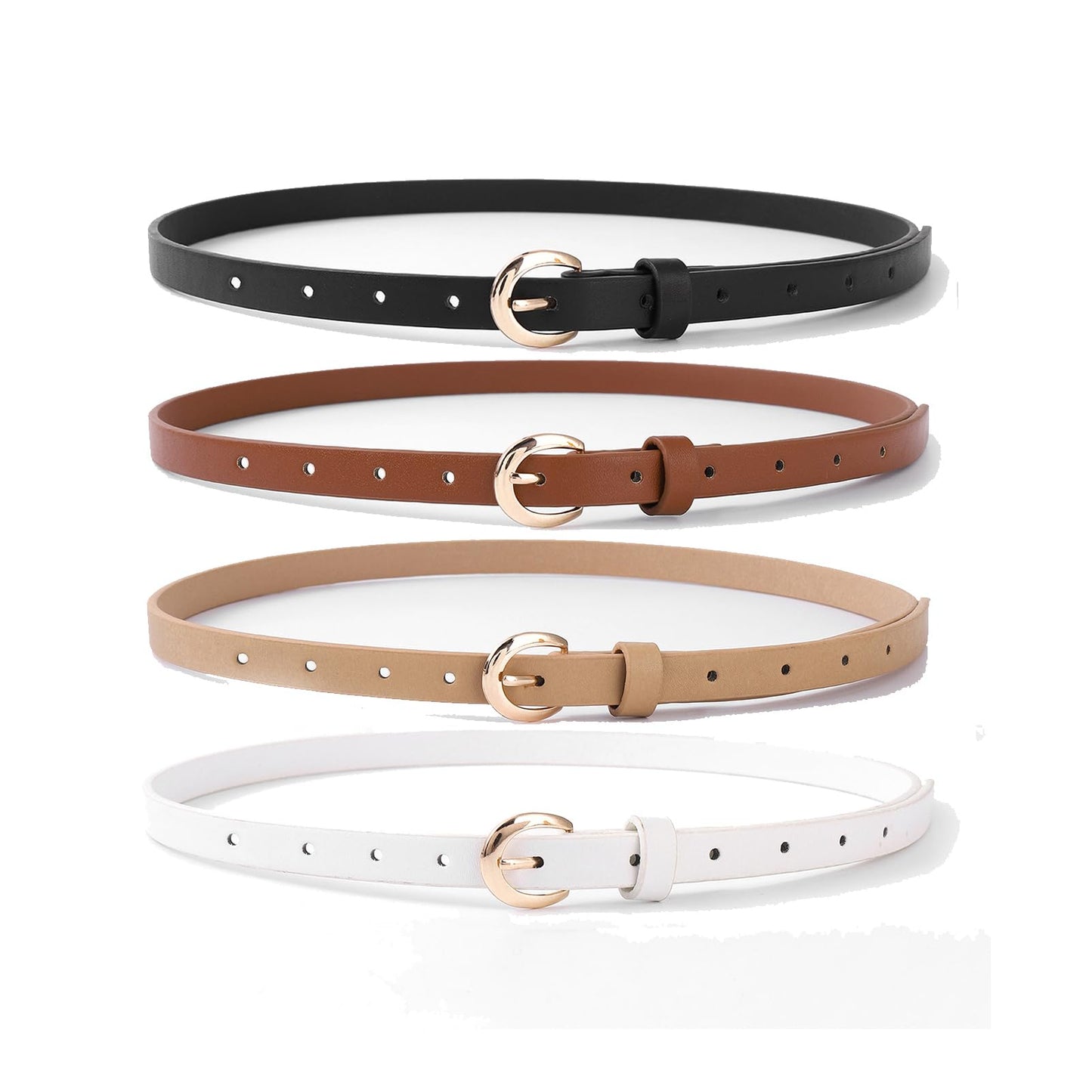 HOTHOTWILL 4 Pack Women Skinny Belts for Jeans Dress Thin Waist Belt | 0.55 in Wide, Black Beige Brown White Faux Leather, Gold Silver Buckle, Fashion Casual Style, Daily Outfits Accessories