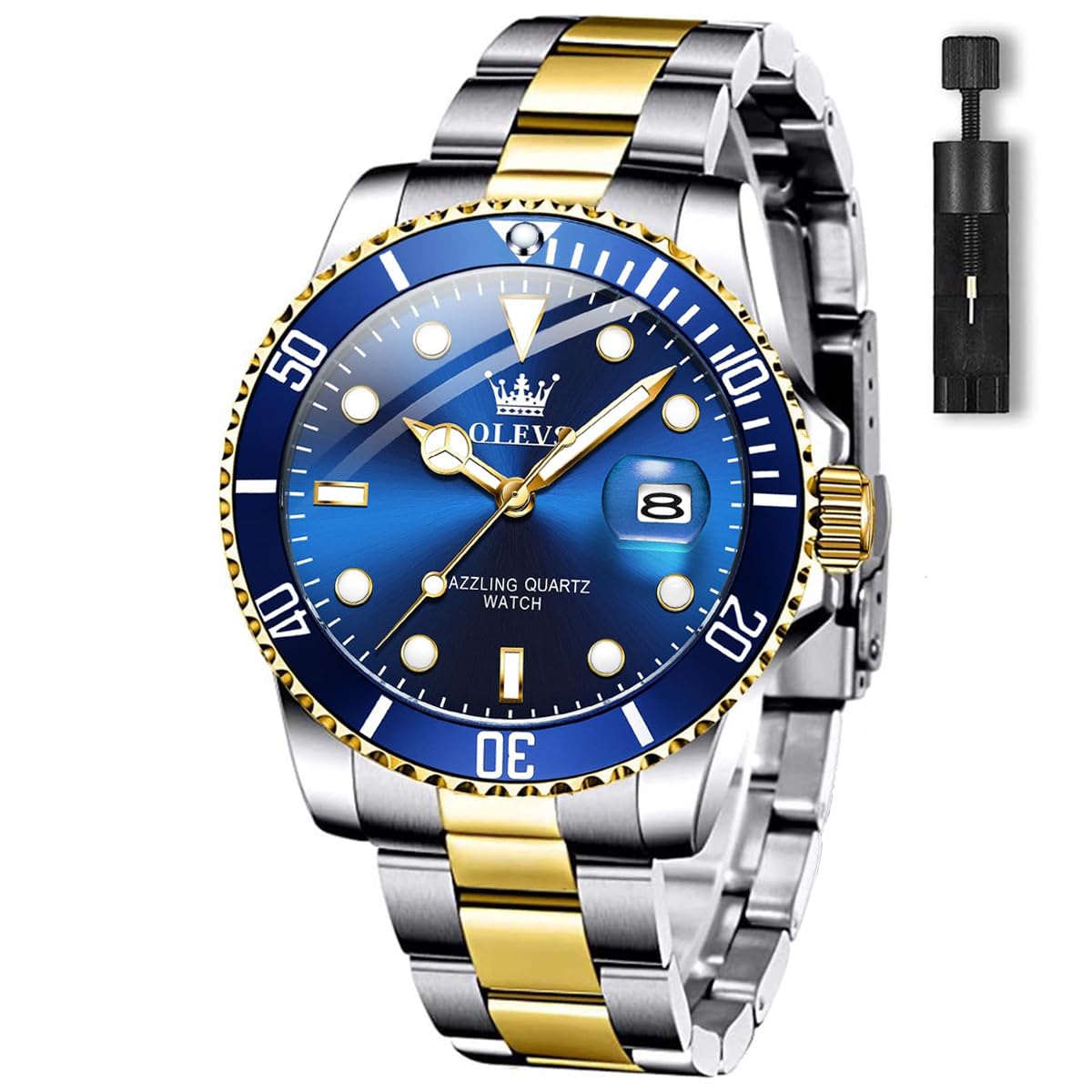 HOTOLEVS Men's Watches with Date, Premium Gold and Silver Stainless Steel Analog Watches for Men, Classic Rotatable Bezel Men's Cuff Watches, Blue/Green/Black Dial