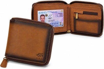 HOTESS Mens Zipper Wallet Handmade Teak Leather Bifold – Credit Card Holder | Zipper Closure with Zip Coin Pocket Compact Minimalist Wallet Multiple Credit Card Slots Size (4.25" x 3.50")
