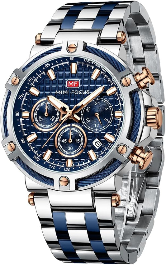 HOTMF MINI FOCUS Business Men Watches (Chronograph/Waterproof/Luminous/Calendar/24 Hours) Big Face Stainless Steel Band Watches for Men