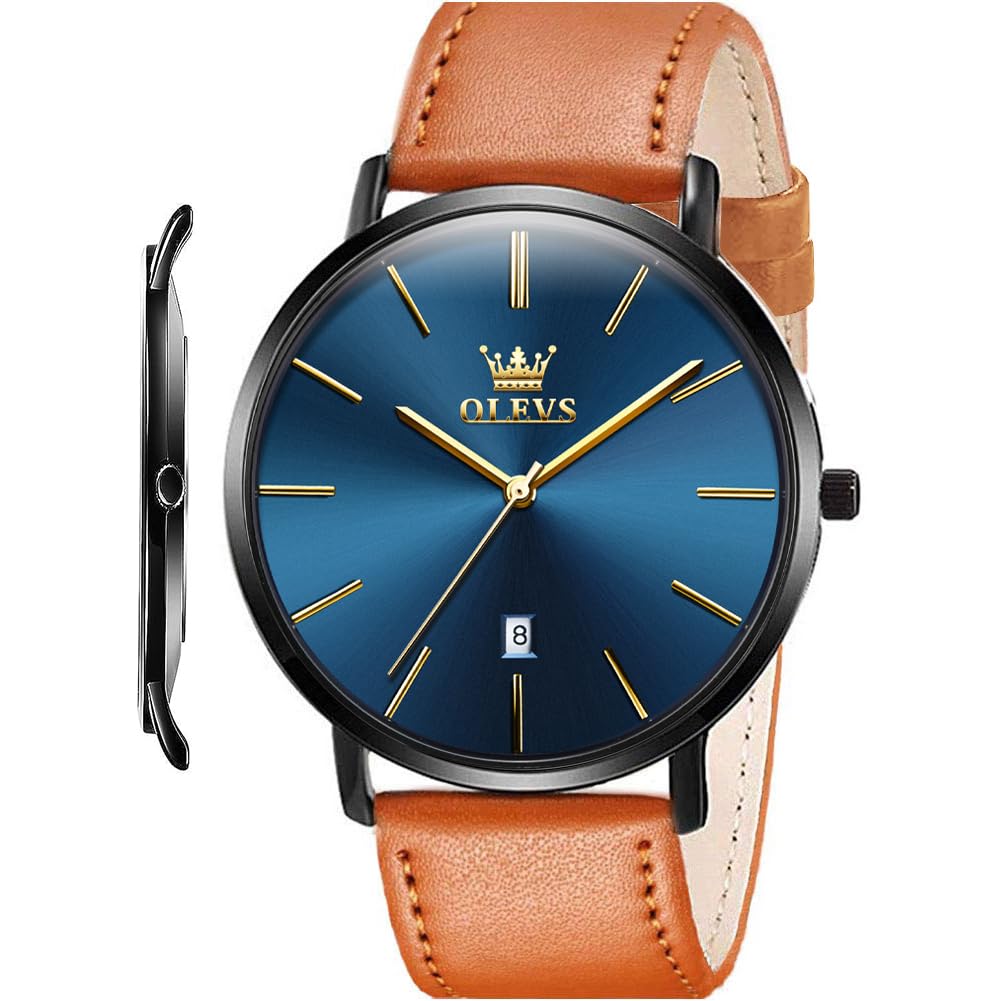 HOTOLEVS Men Leather Watches Black Ultra Thin 6.5mm Minimalist Dress Fashion Simple Casual Waterproof Date Watch for Men