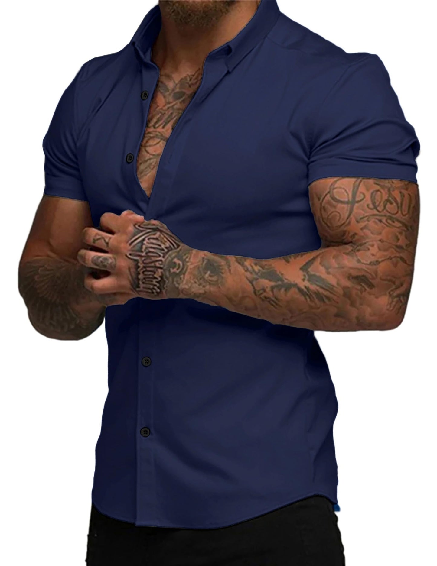 HOTJMIERR Men's Muscle Fit High Stretch Wrinkle-Free Button Down Dress Shirts Summer Casual Short Sleeve Shirt