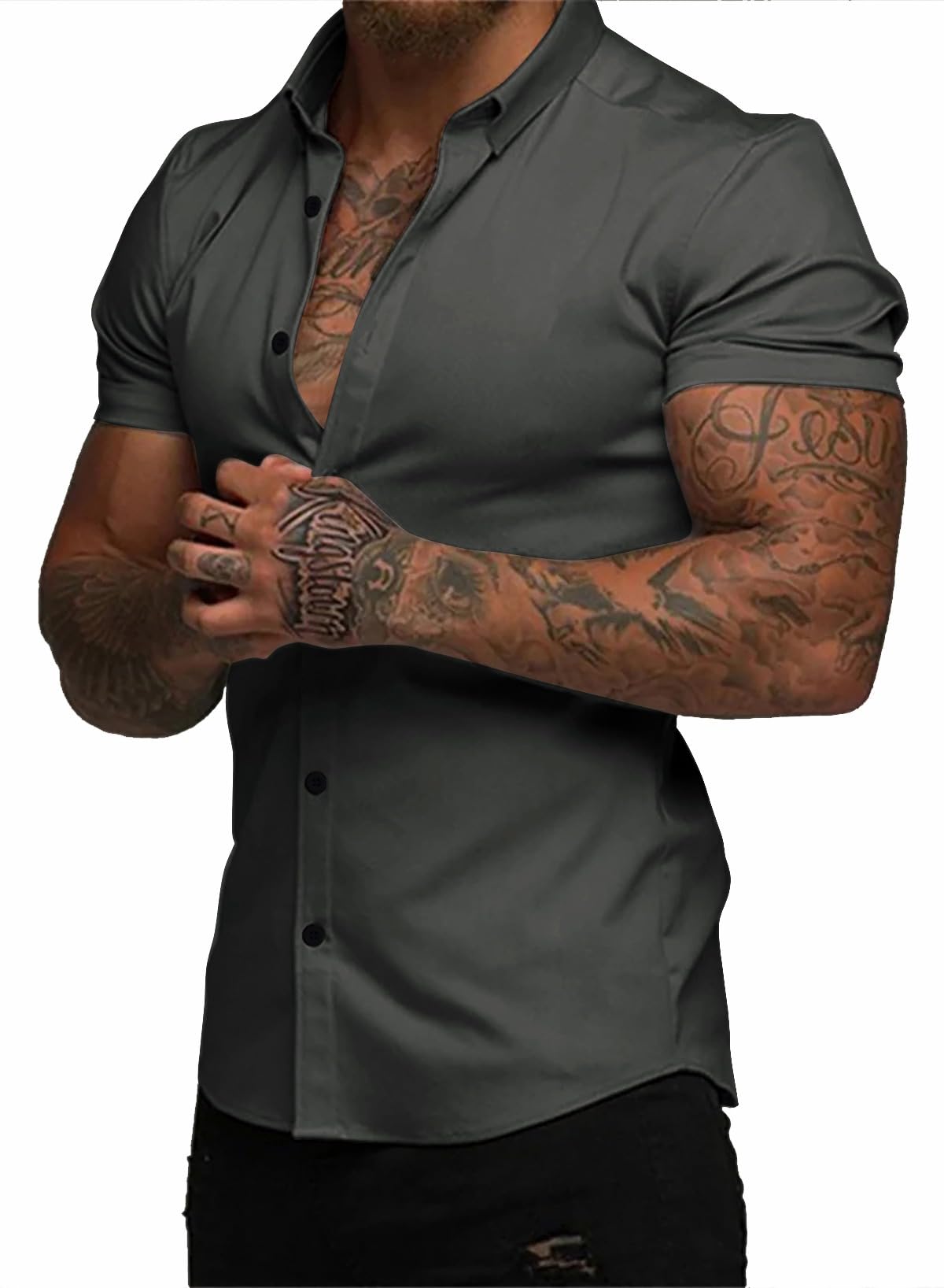 HOTJMIERR Men's Muscle Fit High Stretch Wrinkle-Free Button Down Dress Shirts Summer Casual Short Sleeve Shirt
