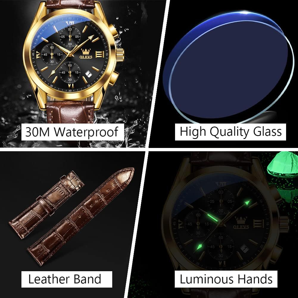 HOTOLEVS Men's Casual Leather Watch, Big Face Chronograph Watch for Men, Fashion Easy to Read Dress Watch, Men's Waterproof Luminous Date Analog Watch, Gold/Black/White/Blue Dial