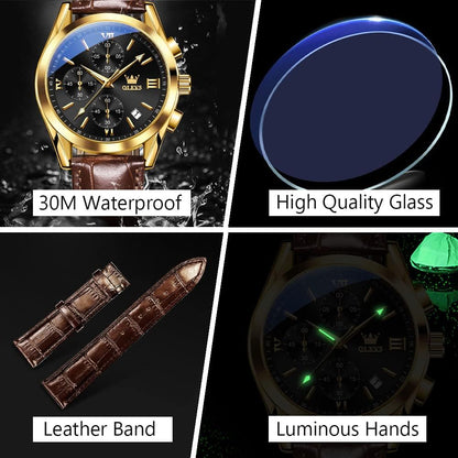 HOTOLEVS Men's Casual Leather Watch, Big Face Chronograph Watch for Men, Fashion Easy to Read Dress Watch, Men's Waterproof Luminous Date Analog Watch, Gold/Black/White/Blue Dial