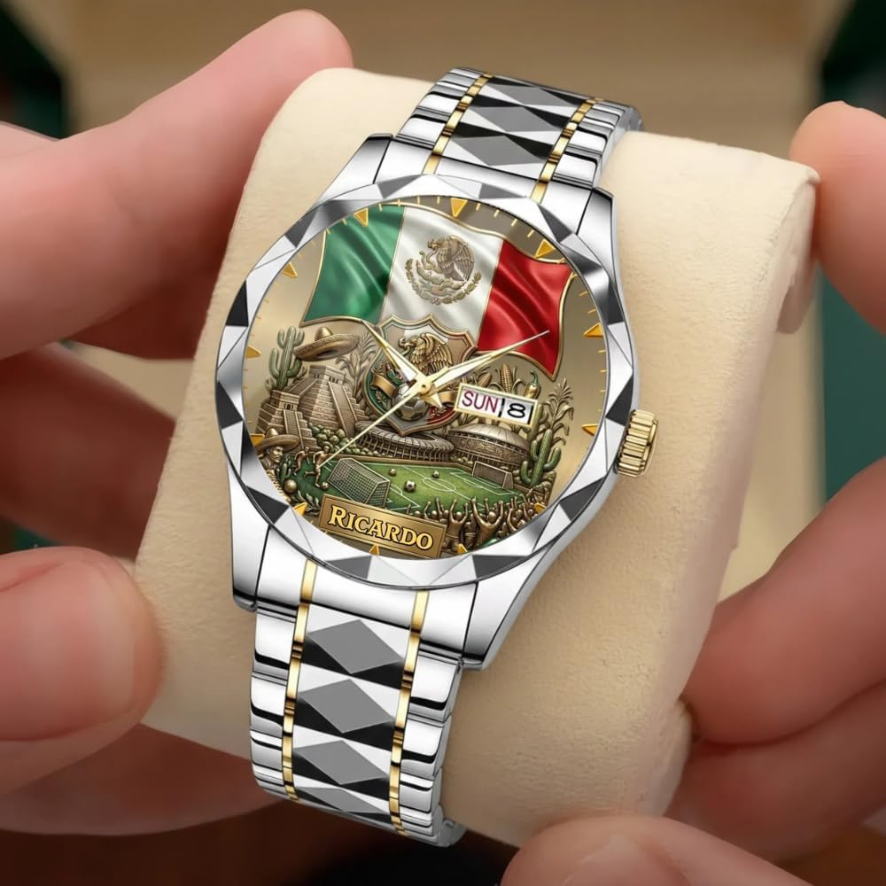 HOTPersonalized Mexico Soccer 2026 Custom Name Watch — Mexican Flag Eagle Patriotic Commemorative Timepiece