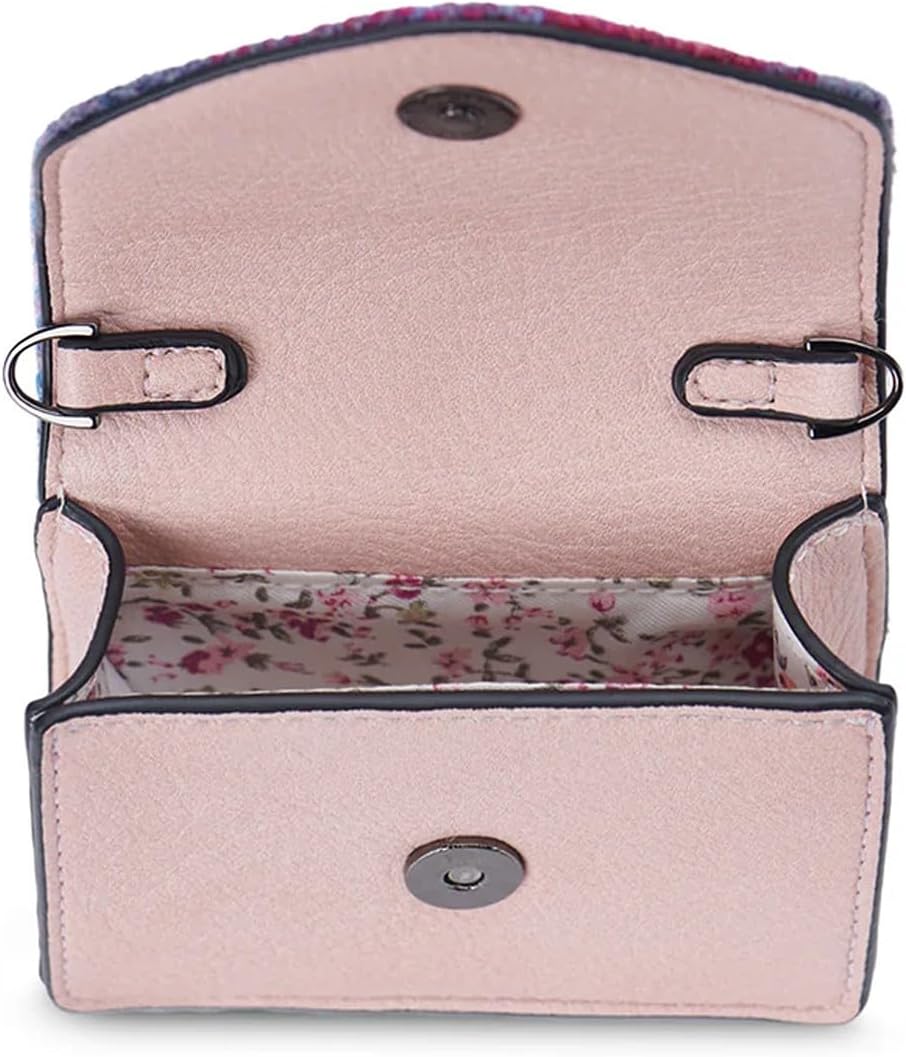 HOTIslander The Card Case - Made of Microfibre Leather & Harris Tweed, 4.13'x3.14' (Pink and Blue Tartan)