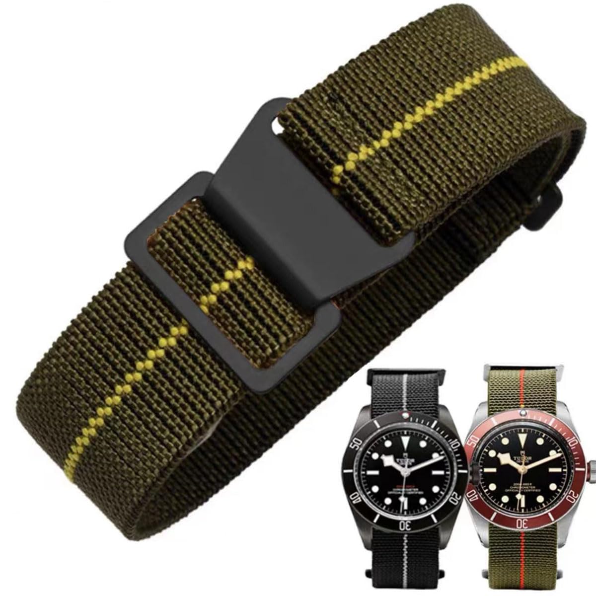 HOTFrench Troops Paratrooper Watchband,Military Elastic Nylon Watch Strap with Hook-and-Loop for Men Women Silver & Black Buckle 18/20/22mm