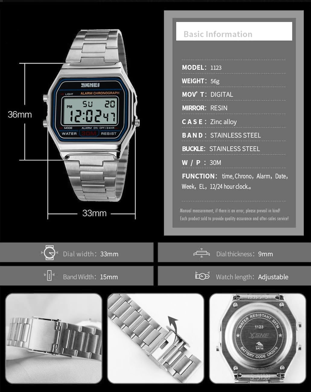 HOTSNE Men's Digital Watch Stainless Steel Band Water Resistant Electronic Square LED Back Light Wristwatch