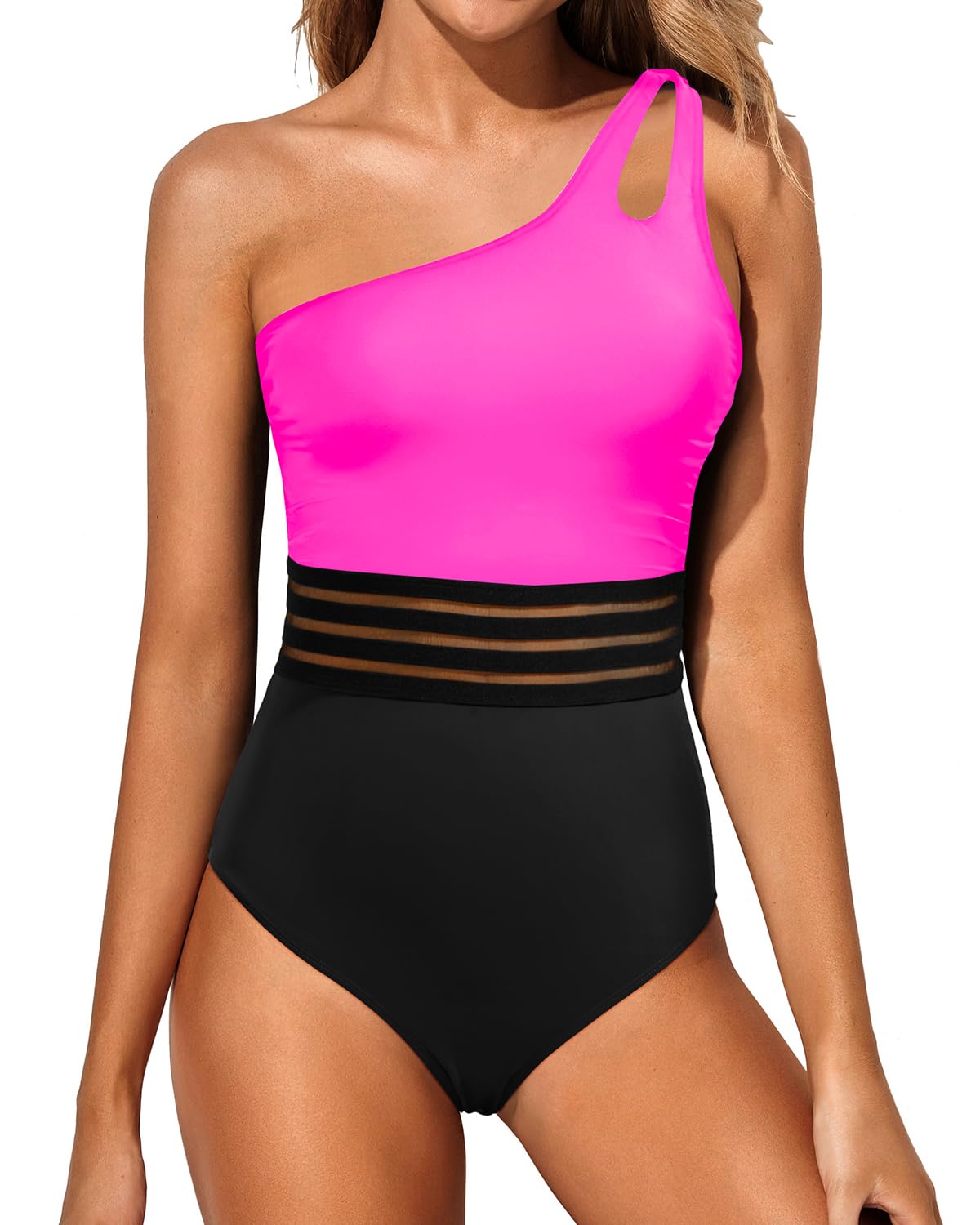 HOTWomen's One Shoulder One Piece Tummy Control Swimsuit Full Coverage | Keyhole Design, Full Coverage Fit, Modest Style, Ruched Waist, Adjustable Shoulder Strap, Removable Soft Cups