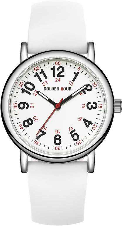 HOTGOLDEN HOUR Waterproof Nurse Watch for Medical Professionals, Students Women Men - Military Time Luminouse Easy Read Dial, 24 Hour with Second Hand, Colorful Silicone Band