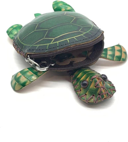HOTHandmade Vintage Genuine Green Leather 3D Turtle Money Coin Purse With Removable Wrist Strap