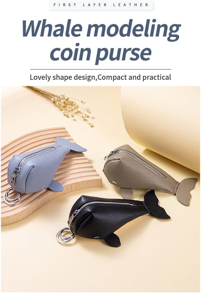 HOTWhale-Shaped Leather Coin Purse Keychain, Cute Animal Pouch for Coins, Keys & Cards, Mini Zippered Key Ring Holder Pendant (Blue)