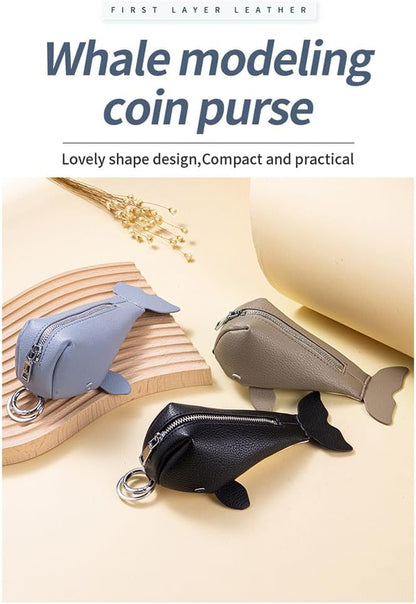 HOTWhale-Shaped Leather Coin Purse Keychain, Cute Animal Pouch for Coins, Keys & Cards, Mini Zippered Key Ring Holder Pendant (Blue)