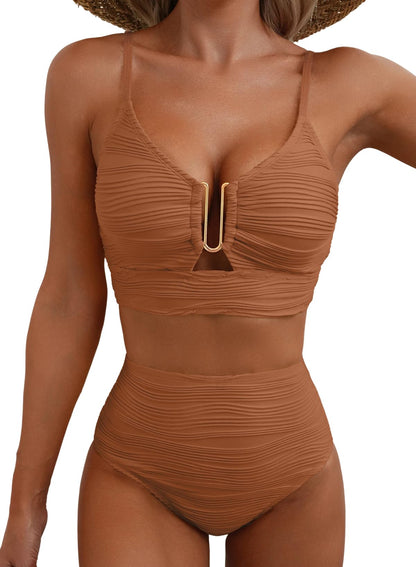 HOTHerseas 2 Piece Bikini Set U-Wire Cutout Popular Swimsuit High Waisted Textured 2026 Summer Beach Swim Bathing Suits
