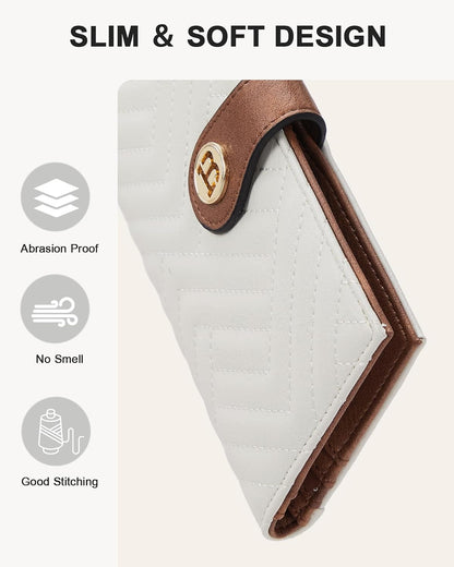 HOTBOSTANTEN Slim Wallet Women RFID Card Holder with Zipper Coin Pocket | Thin, Lightweight, 11 Card Slots, Long Bifold, Clutch Wallet, Fits Small Purses, Quilted Vegan Leather, Gifts, Beige＆Brown