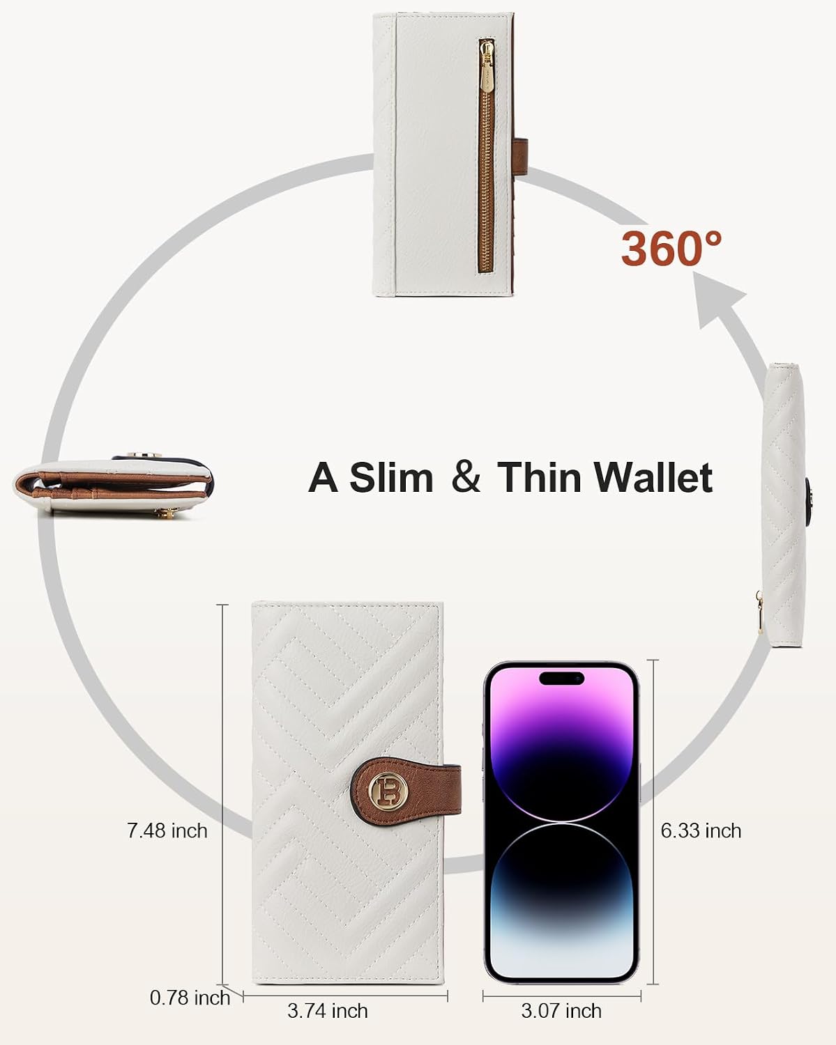HOTBOSTANTEN Slim Wallet Women RFID Card Holder with Zipper Coin Pocket | Thin, Lightweight, 11 Card Slots, Long Bifold, Clutch Wallet, Fits Small Purses, Quilted Vegan Leather, Gifts, Beige＆Brown