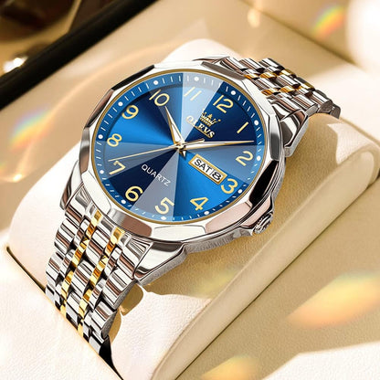 HOTOLEVS Men's Casual Stainless Steel Watch, Big Face Easy to Read Analog Quartz Watch with Day and Date, Classic Waterproof Diamond Roman Arabic Numeral Dial Dress Watch for Men, Gold Silver Black Band