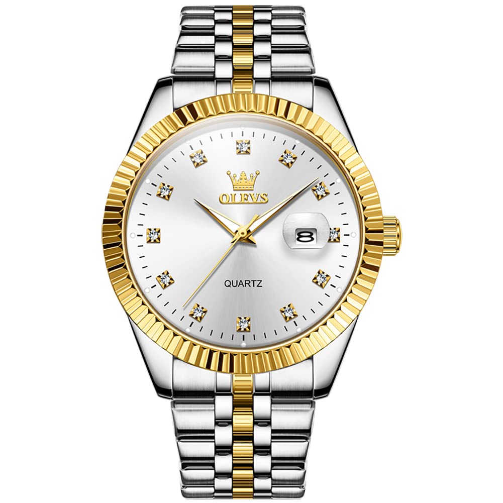HOTOLEVS Men's Luxury Stainless Steel Watch, Big Face Gold Silver Two Tone Three Hand Analog Quartz Watch, Easy to Read Waterproof Luminous Day Date Wrist Watches for Men