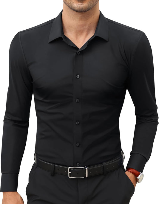 HOTLion Nardo Stretch Mens Dress Shirts Long Sleeve Slim Fit Dress Shirts for Men Muscle Fit Wrinkle Free Button Down Shirt