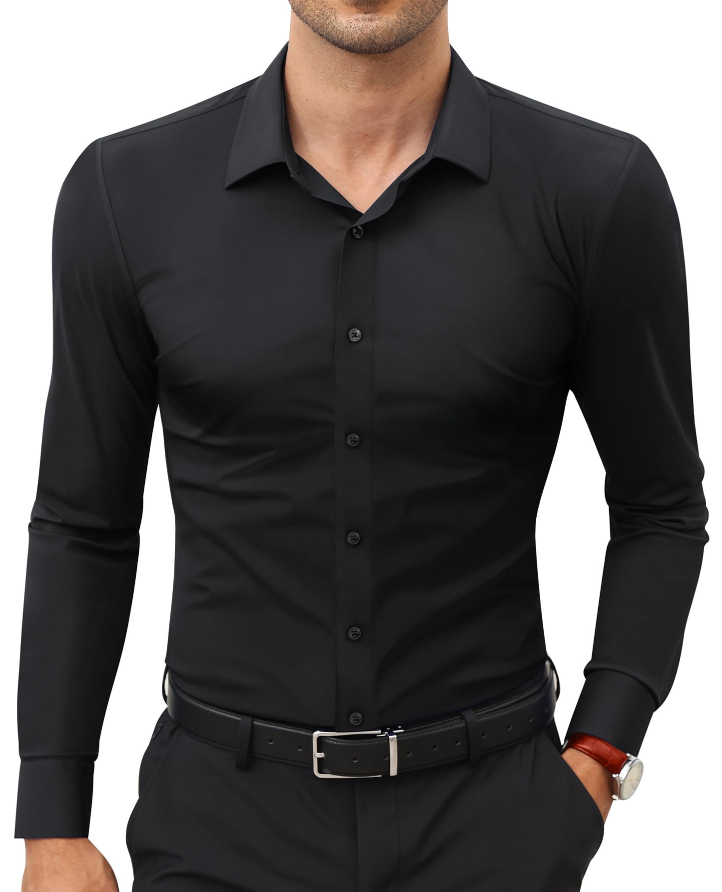 HOTLion Nardo Stretch Mens Dress Shirts Long Sleeve Slim Fit Dress Shirts for Men Muscle Fit Wrinkle Free Button Down Shirt