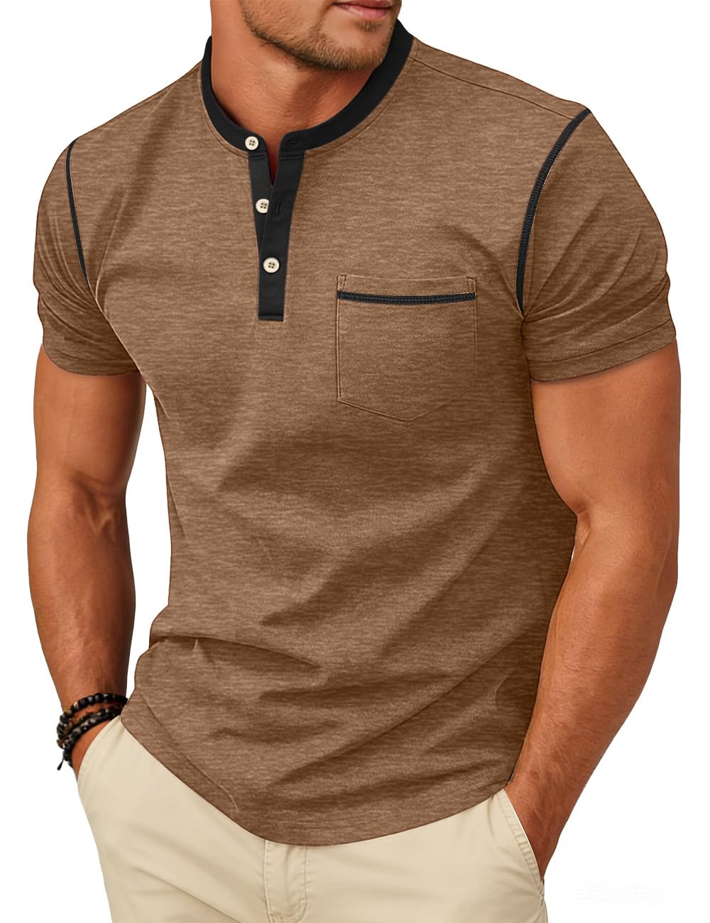 HOTMen's Henley Shirt Casual Button Short Sleeve T-Shirt Summer Patchwork Color Block Tee Shirts