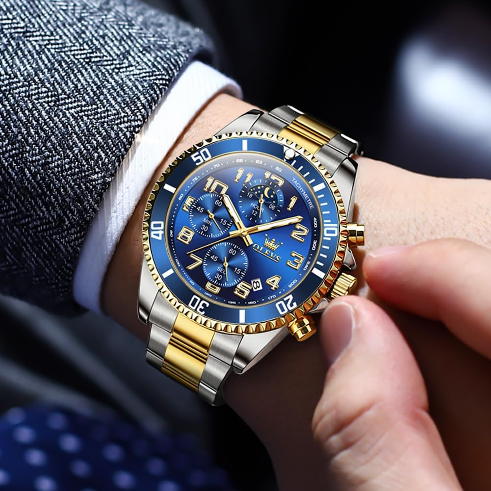 HOTOLEVS Watches Men Waterproof Luxury Big Face Mens Watch Stainless Steel Day Date Quartz Analog Dress Watches for Men Luminous Reloj para Hombres (Green/Blue/Black/Gold)