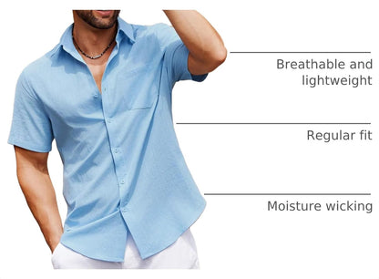 HOTCOOFANDY Men's Button Down Short Sleeve Shirt Casual Cotton Summer Beach Linen Wedding Shirts with Pocket