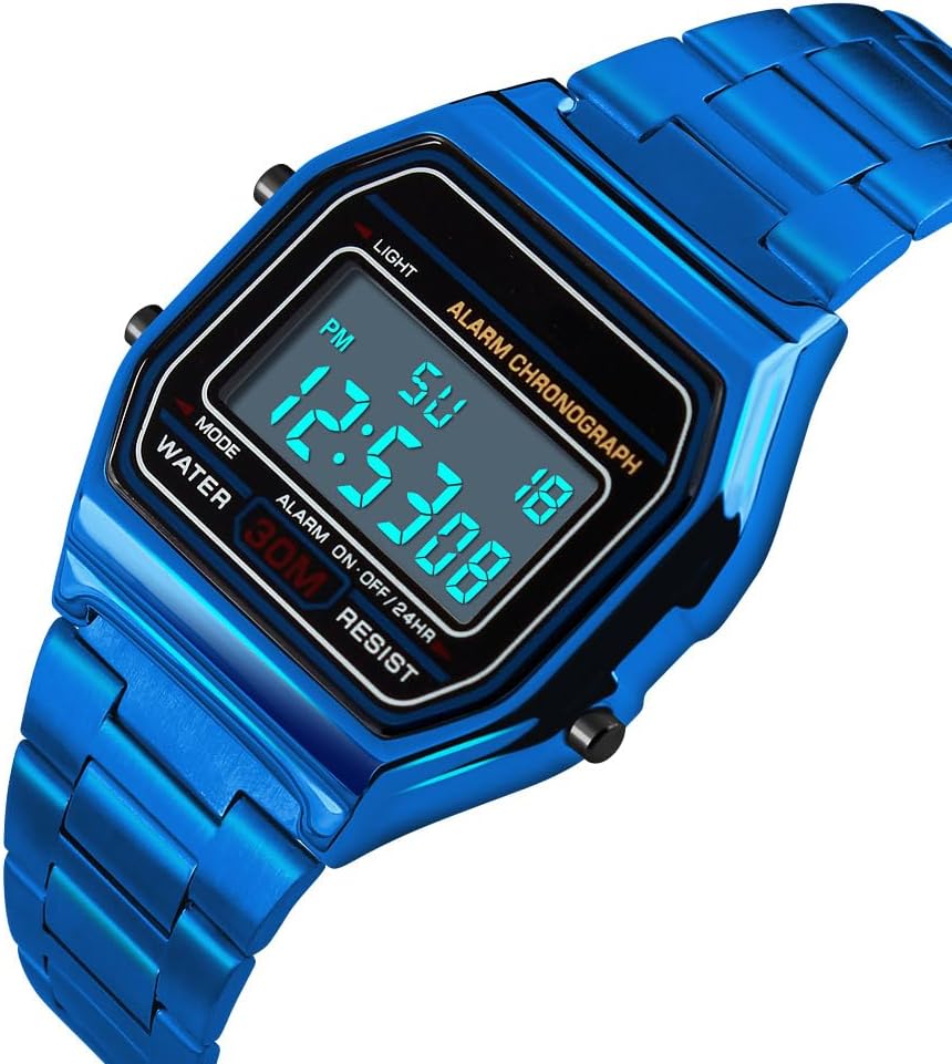 HOTPASOY Men's Digital Gold Stainless Steel Watch Backlit Multifunction Stopwatch Waterproof Sport Watches