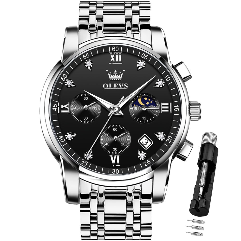 HOTOLEVS Watch for Men Diamond Business Dress Analog Quartz Stainless Steel Waterproof Luminous Date Two Tone Luxury Casual Wrist Watch Blue