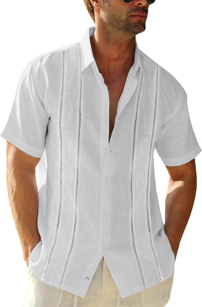 HOTRuncati Mens Short Sleeve Guayabera Shirts Linen Button Down Cuban Shirt | Cotton blend, Mexican style, Button up, Embroidered, Loose fit, Barong tagalog, Bowling shirts, for Summer Beach, Wedding