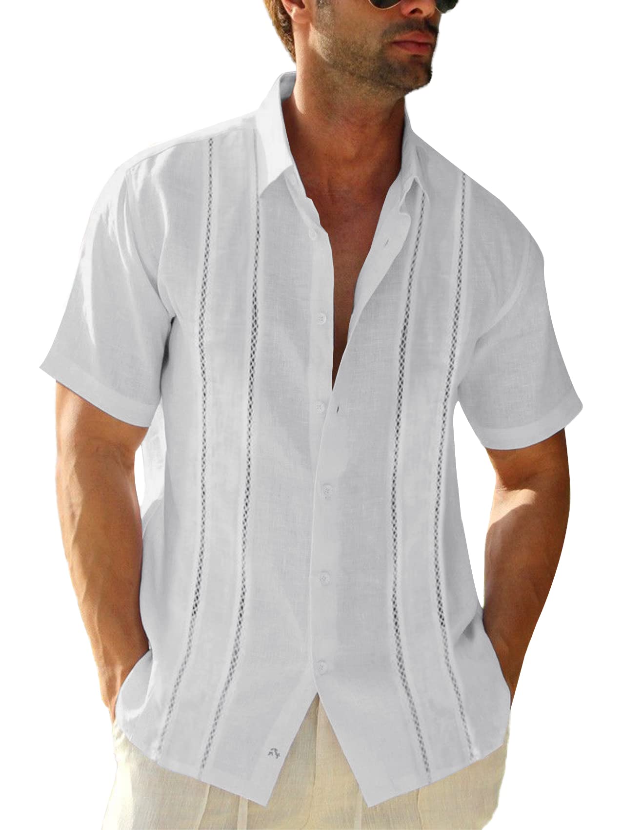 HOTRuncati Mens Short Sleeve Guayabera Shirts Linen Button Down Cuban Shirt | Cotton blend, Mexican style, Button up, Embroidered, Loose fit, Barong tagalog, Bowling shirts, for Summer Beach, Wedding