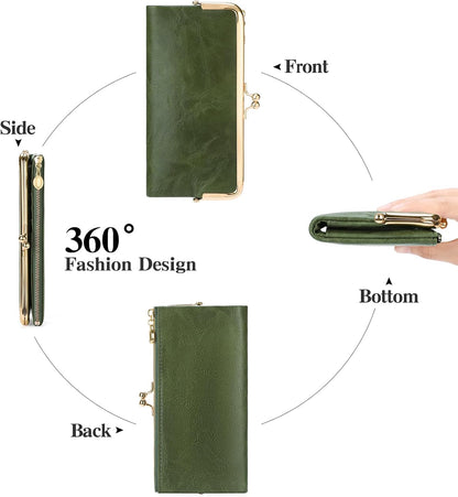 HOTGOIACII Womens Wallet Kiss Lock Bifold Leather Wallets for Women Green | Vintage Wallet for Women,Ladies Clutch Purse,Women's Card Holder Wallet with Zipper