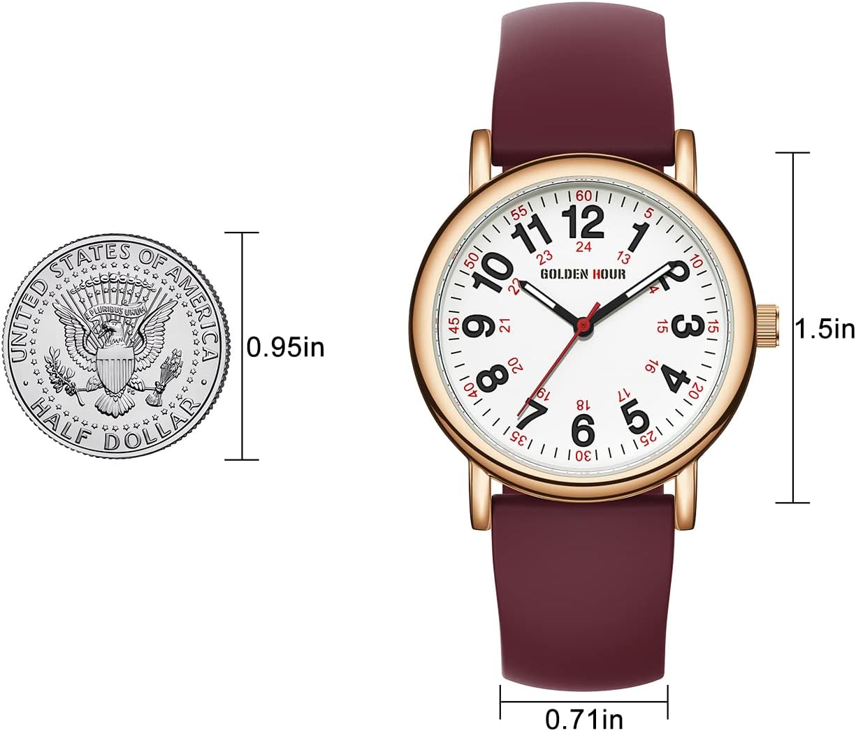 HOTGOLDEN HOUR Waterproof Nurse Watch for Medical Professionals, Students Women Men - Military Time Luminouse Easy Read Dial, 24 Hour with Second Hand, Colorful Silicone Band