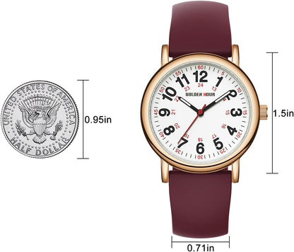 HOTGOLDEN HOUR Waterproof Nurse Watch for Medical Professionals, Students Women Men - Military Time Luminouse Easy Read Dial, 24 Hour with Second Hand, Colorful Silicone Band