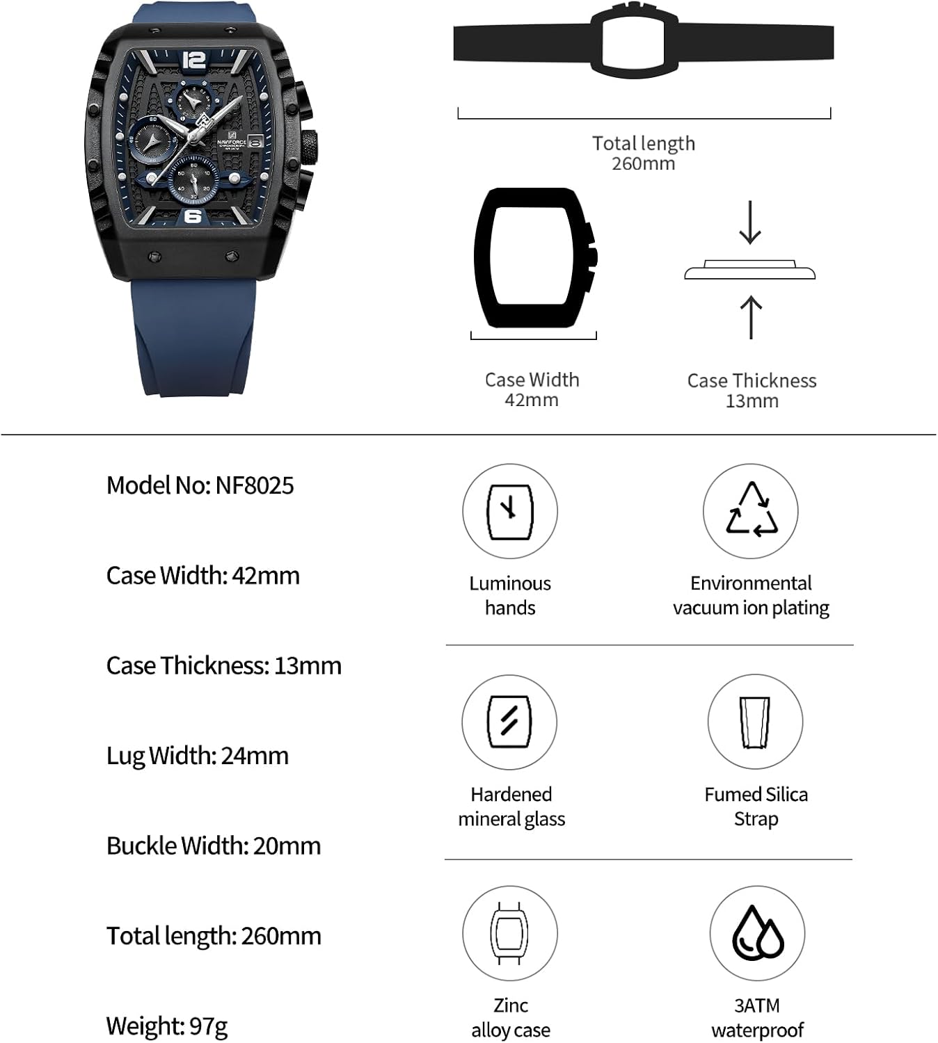 HOTNAVIFORCE Men Quartz Watch Auto Date Week Business Dress Analog Wrist Watches